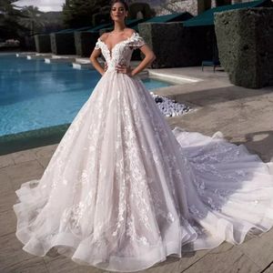 Crystals Ball Gown Wedding Dress Vestidos De Women Luxuryl Cap Sleeves Bling Sparkly Beading Bridal Gowns