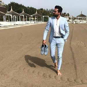 Abiti da uomo Summer Blue Linen Men Groom Wedding Tuxedo Man Blazer Casual Groomsmen Wear 2 Partestra costume Homme Terno Masculino