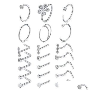 Nose Rings Studs Hoop L Shape Stainless Steel Screw Bone Flat Top Diamond Opal Heart High Nostril Piercing Jewelry For Women Men D Dh1Xp