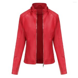 女性の革のフェイクジャケットの女性スタンドアップカラー女性コート2023モトバイカージッパー春茶色の赤いピンクカーキネイビー