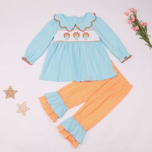 Clothing Sets Thanksgiving Children Girl Outfit Fall Two-piece Pant Set Blue Top And Trouser Suit Wears With Cartoon Embroidery