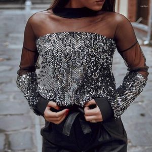 Women's Blouses Summer Sequin Mesh Tops Sexy Long Sleeve Party Blouse Loose Ladies OL