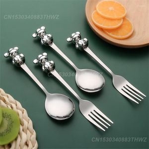 Dinnerware Sets Bear Handle Milk Coffee Stirring Spoon Dessert Cake Tools Kitchen Stainless Steel Fruit Fork Cutlery Set