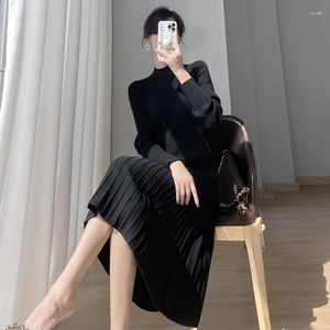 Casual Dresses Vintage Solid Half High Collar Sweater Midi For Women Clothing Elegant Elasticity Pleated Winter 2023 Warm Knitted Dress