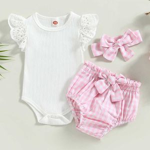 Conjuntos de roupas verão bebê menina linda roupas conjuntos 3pcs voar manga sólida macacão xadrez shorts arco bandana