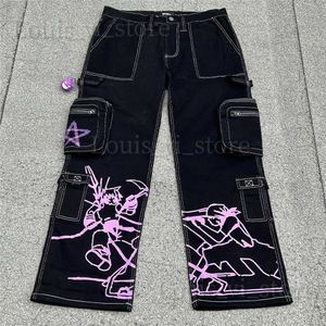 Y2K Vintage High Street Multi Pocket Jeans Women's Hip Hop Cartoon Anime Stamping High Waist Jeans Fashion Cargo Pants T230815