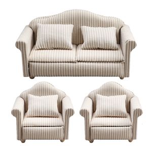 Tools Workshop 3pcs 1 12 Miniature Striped Sofa Model With Pillow Living Room Decoration Dollhouse Furniture Accessories 230812