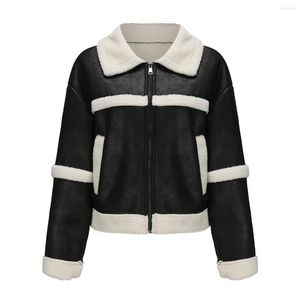 Women's Leather In Fashion Warm Black Suede Jacket Women Autumn Winter Clothes 2023 Polar Fleece Patchwork Outerwears Casual Coats