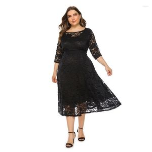 Plusstorlekar Elegant kvinnlig festklänning 8xl broderi Mesh Midi 2023 Autumn Long Sleeve Hollow Female Vestido