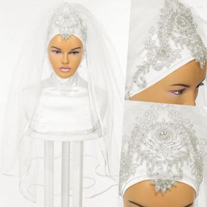 Bridal Veils Muslim Wedding Hijab 2023 Designer Crystals 2-Layers Khimar Islamic Nikkah Voile Mariage Veil Fingertip Length