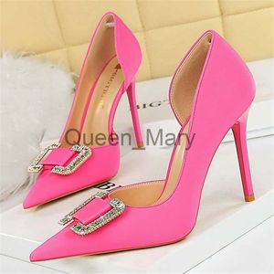 Dress Shoes 11cm High Heels Women Satin Silk Dress Crystal Buckle Pumps Lady Wedding Bridal Scarpin Catwalk Green Purple Peach Blue Shoes J230815