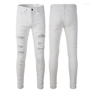 Herren Jeans High Street White Fashion Hole Patch Elastic Slim Fit Fleuled Skinny Am Marke Denimhose Qualität Qualität