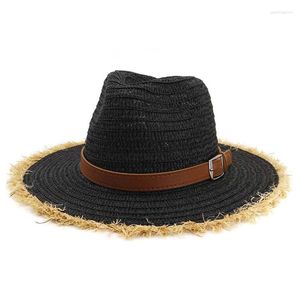 Berets Sommer breites pelziges Krempe Papier Strohhut Unisex Frauen Outdoor Sun Visor Gürtelschnalle Dekor Strand Panama Cowboy Cap