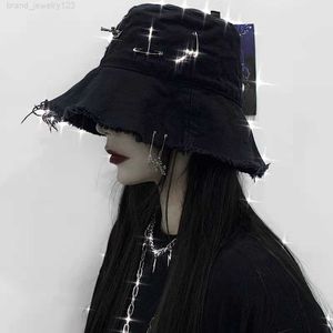 Black Harajuku Mall Goth Hat Women Men Girl Punk Emo Dark Academic Estetic Cross Brim Caps Fairy Grunge Hat Bucket Alternative