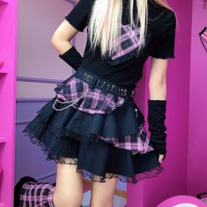 Saias japonesas harajuku y2k punk renda bolo saia rosa xadrez doce girls rock rock alta cintura mini kawaii vestido de baile curto