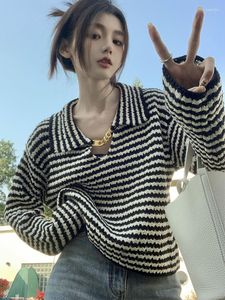 Women's T Shirts Black White Striped Sweater Women Spring Autumn Long Sleeve Polo Knitwear Female Korean Fashion Sweet Casual Loose Pullover