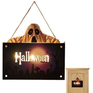Other Event Party Supplies Halloween Wooden Door Sign Happy With Led Light Reusable Pumpkin Mummy Ghost Wall Holiday Decoration 230814