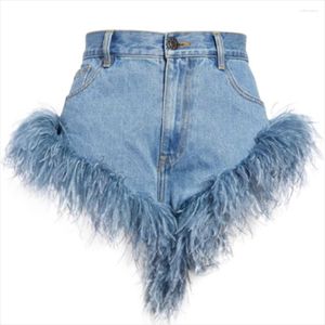 Kvinnors jeansflicka hög midja denim shorts fjäder mode kvinnor