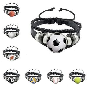 Soccer Basketball Volleyball Glass Eloy Button Armband Punk Multilayer Flätad läder Bangle Football Sport Lover Gift GC2254