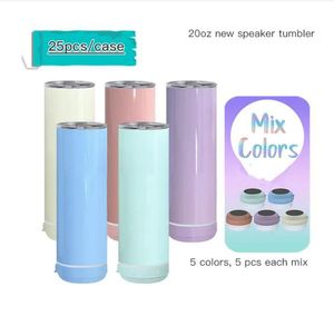 ABD Stock 20oz Sublimation Macaron Bluetooth Hoparlör Tumbler Sublimasyon İnce Düz Tumbler Kablosuz Akıllı Müzik Bardağı Paslanmaz Çelik Akıllı Su Şişesi