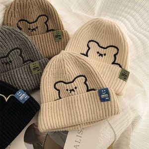 Beanie/Skull Caps Bear Knitted Woolen Cap Women's Autumn and Winter Pile Style Japanese Internet Famous Hat Bonnets for Women