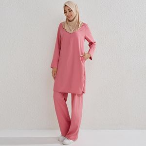 Ethnic Clothing Women Sets Fashion Muslim Two Pieces Suits Islamic Long Shirts Pullover Tops And Straight Pants Loose Trousers