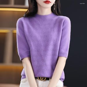 Women's Sweaters Purple Wool Sweater Women Mock Neck Half Sleeve Sweter Mujer Knitted Tops Spring Hollow Out Fashion Slim Female Pullover