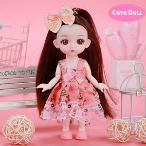 Dolls Pink Dress Long Hair Cute Body Doll for Girl Children Gift 17cm 13 Movable Joint Birthday Houseplay Kid Gifts 230814