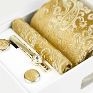 Laços de quatro peças conjuntos florais Paisley Gold Gold Yellow Champagne Mens Mens Pocket Pocket Square Tie Clip Bufflinks Novo 100% de seda W224E
