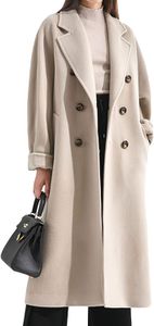 Women Fashion Wool Blend Pea Coat Camel Notched Collar Double Breasted Long Outerwear Jacket