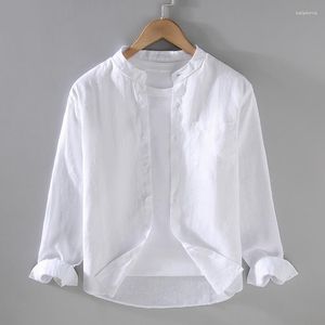 Mäns avslappnade skjortor Pure Linen Shirt för män Stå krage Kläder Chinoiserie Retrocasual Thin Top Spring och Autumn Long Sleeped