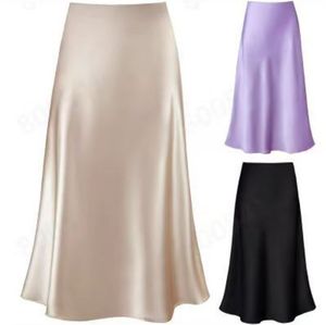 Kjolar midi kjolar för kvinnor hög midja satin sommar avslappnad midi längd elastisk kjol