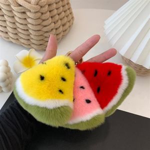 Keychains Fluffy Keyring Female Bag Hang Pendant Key-Chains Car Watermelon Fruit-Bag Real Rex Fur Accessories2576