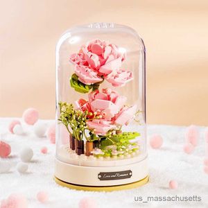 ブロックシミュレーションプラントの花の花バラ音楽箱ビルディングブロックおもちゃDIYロマンチックなブーケ音楽ボックスアセンブリ装飾子供用トイギフトR230817