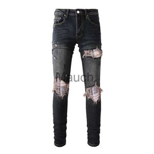 Jeans maschili nuovi arrivi maschi maschi bla snellito skinny tratine stratwork rosa costola patchwork slim fit jeans jeans j230814