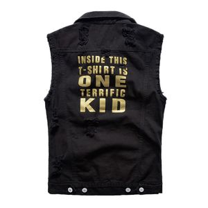 Men's Vests Idopy Fashion Ripped Denim Vest Letter Printed Distressed Slim Fit Jean Jacket Male Sleeveless Waistcoat For Men 230812