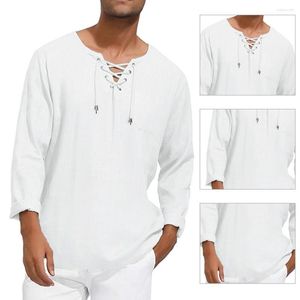 Men's Casual Shirts Handsome Male Top Loose Anti-shrink Drawstring Chest All Match Fall Simple Men V-neck