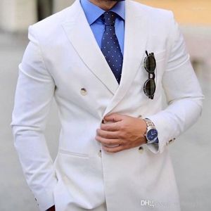 Garnitury męskie Summer Białe Mężczyzn Pośrodki szczytowe lapolunka ślubna Tuxedo Man Blazers z podwójnym piersi kostium Homme Terno Masculino 2 sztuki