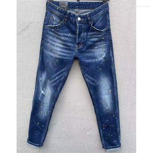 Jeans masculino hole hole spray pintado de motobiker high street calças de tecido de jeans casuais c011