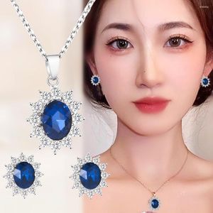 Necklace Earrings Set 5PCS And American Fashion Sun Flower For Women Elegant Ladies Blue Crystal Pendant Jewelry Gift