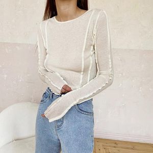 Kvinnors T-skjortor Bodycon White O-Neck 2023 Elegant Yellow Long Sleeve Fall Tee Shirt Casual Slim Tops Female Clothing