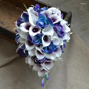 Свадебные цветы Пеорхидская пляж Blue Purple Bridal Букеты для рук, держащих настоящие прикосновения орхидеи Calla Lilies Cacading