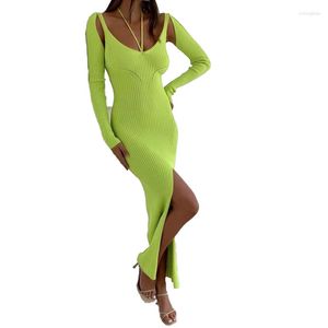 カジュアルドレス秋の緑のニットミニドレス女性ボディーコン長袖エレガントスリップパーティークラブ衣装ベスティドスプリングプロムセクシー