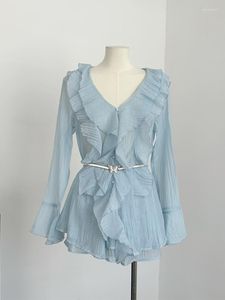 Frauen Tracksuits gelegentlich Sommer koreanische Mode Gyaru 2000er ästhetische 2 -teilige Shorts Sets süße gekräuselte Erntehimmelblau Blue Elastic Taille gemütlich