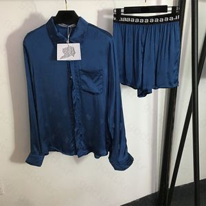 Lyxtryck kvinnor sömnkläder skjorta shorts sexig is silk långärmad skjorta bokstäver shorts mjuka blusar byxor set
