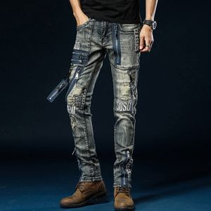 Männer S Jeans Multi -Zipper -Männer Biker Punk Rock Jeanshose Schlanker Fit Rip Mens Stickerei Motorrad 230814