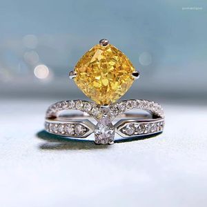 Cluster Rings SpringLady 925 Sterling Silver 8MM Radian Cut Citrine Yellow Diamond Gemstone Crown Ring Women Fine Jewelry Wedding Gift