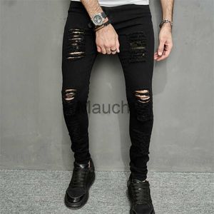 Jeans masculinos Streetwear rasgou os homens de jeans de homens magros de jeans elegante masculino de Hip Hop Stretch Hole Casual Denim Troushers J230814