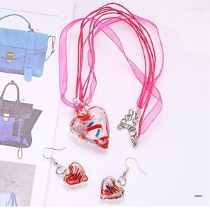 Necklace Earrings Set Vintage Murano Glass Heart Pendant Shaped Dangle Gifts