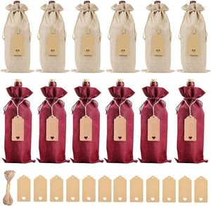 Gift Wrap 12 Pieces Jute Bag Red Hessian Drawstring Wine WithTags And Ropes